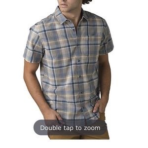 Prana Short Sleeve button Down Shirt Plaid Blue Gray